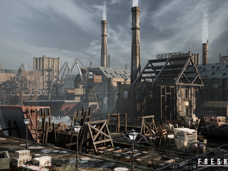 Old Industrial City and Shipyard with Factory Interiors